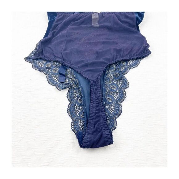 Vintage Victorias Secret Velvet lace one piece bodysuit royal blue deep v snap c - Picture 9 of 16